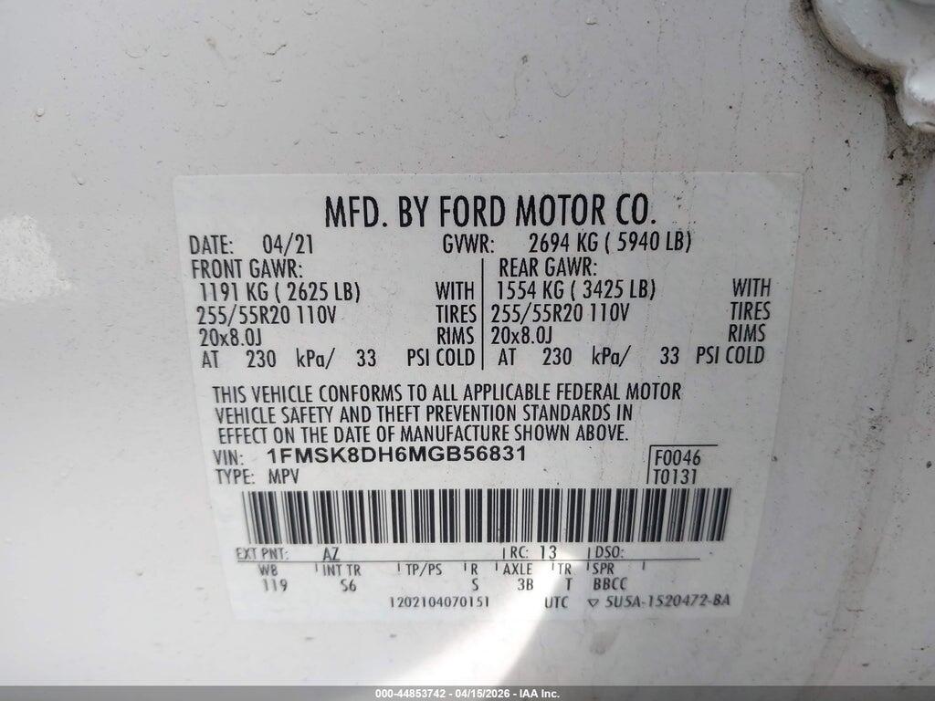 1FMSK8DH6MGB56831 2021 FORD EXPLORER photo no. 9