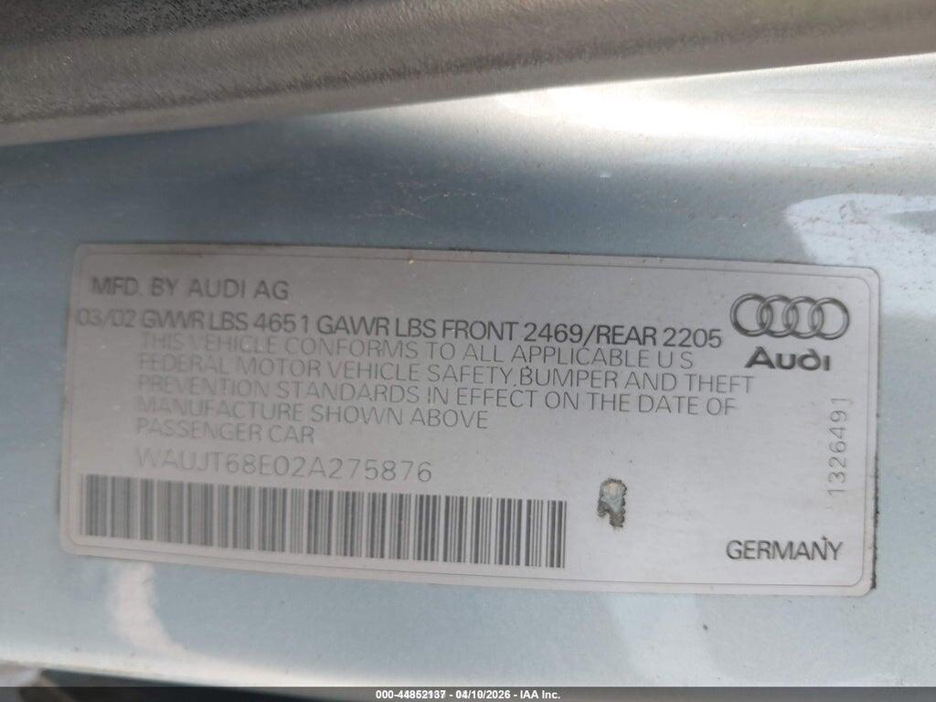 WAUJT68E02A275876 2002 AUDI A4 photo no. 9