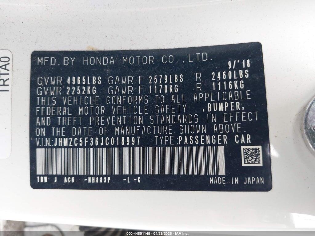 JHMZC5F36JC018997 2018 HONDA CLARITY PLUG-IN HYBRID photo no. 9