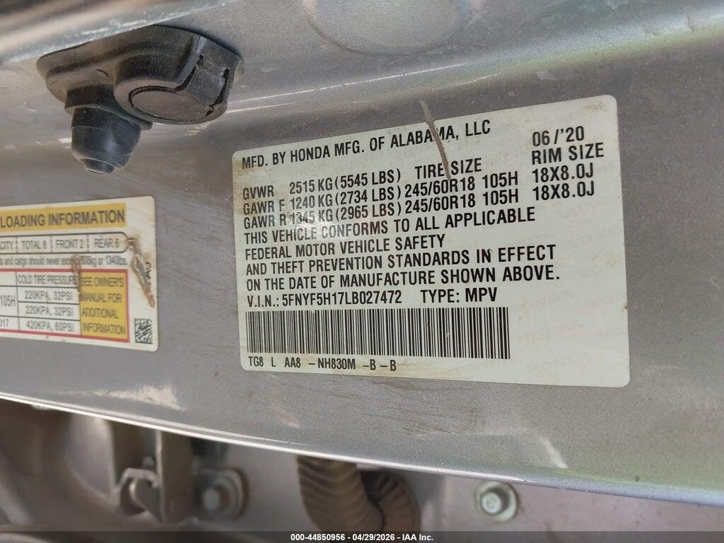 5FNYF5H17LB027472 2020 HONDA PILOT photo no. 9
