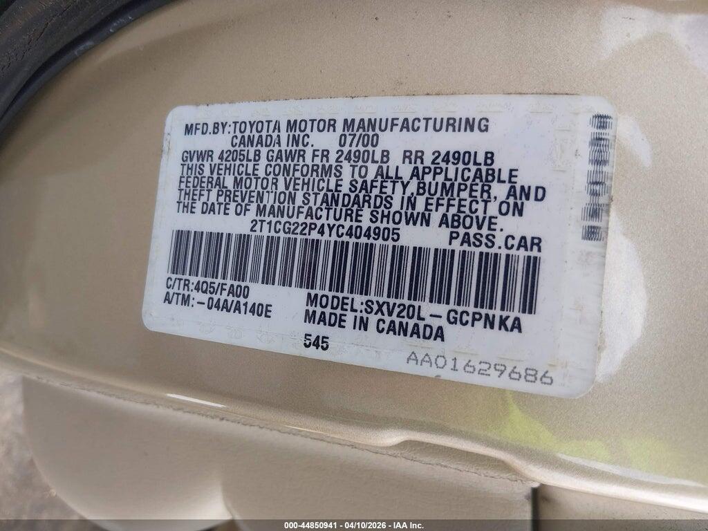 2T1CG22P4YC404905 2000 TOYOTA CAMRY SOLARA photo no. 9