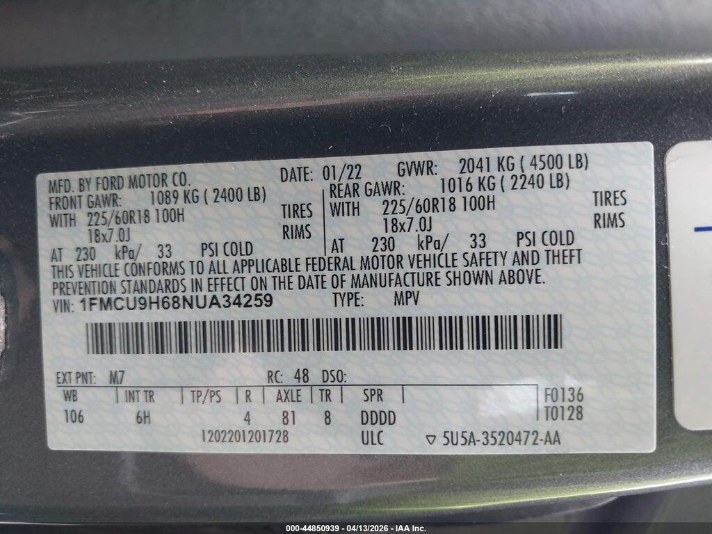 1FMCU9H68NUA34259 2022 FORD ESCAPE photo no. 9