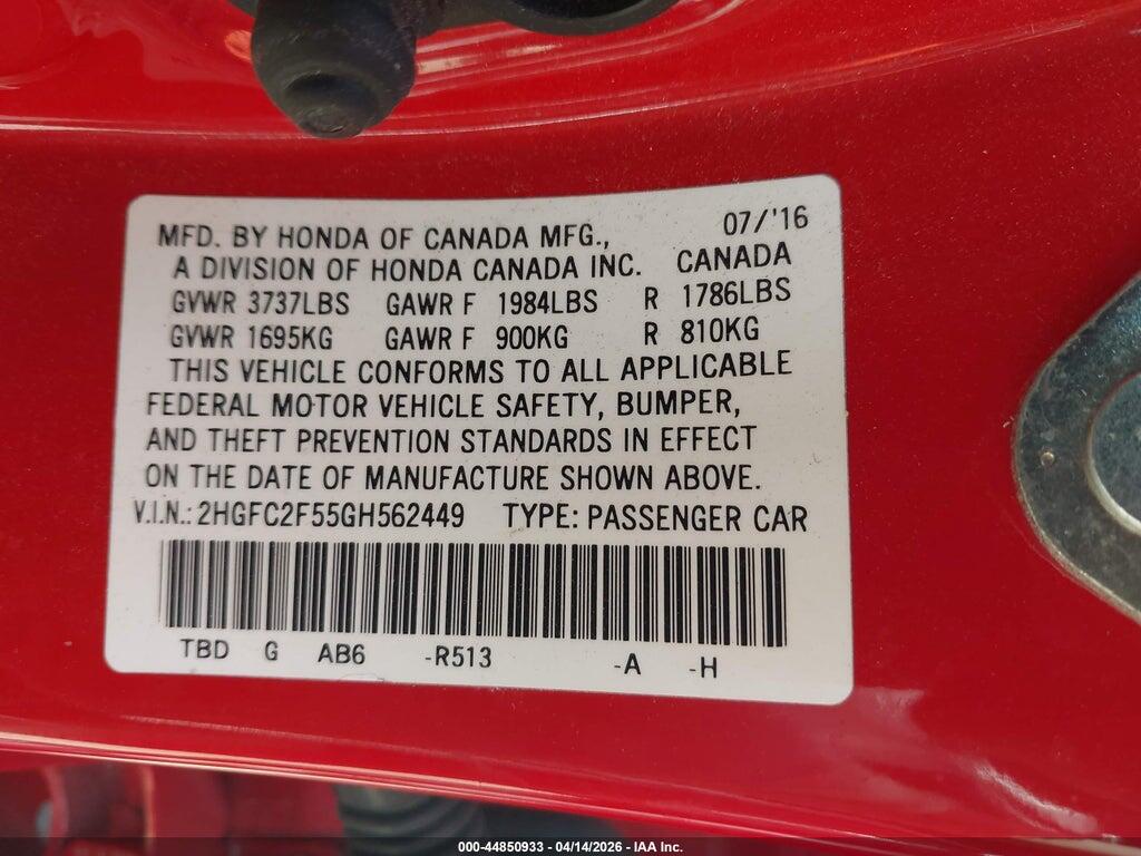 2HGFC2F55GH562449 2016 HONDA CIVIC photo no. 9
