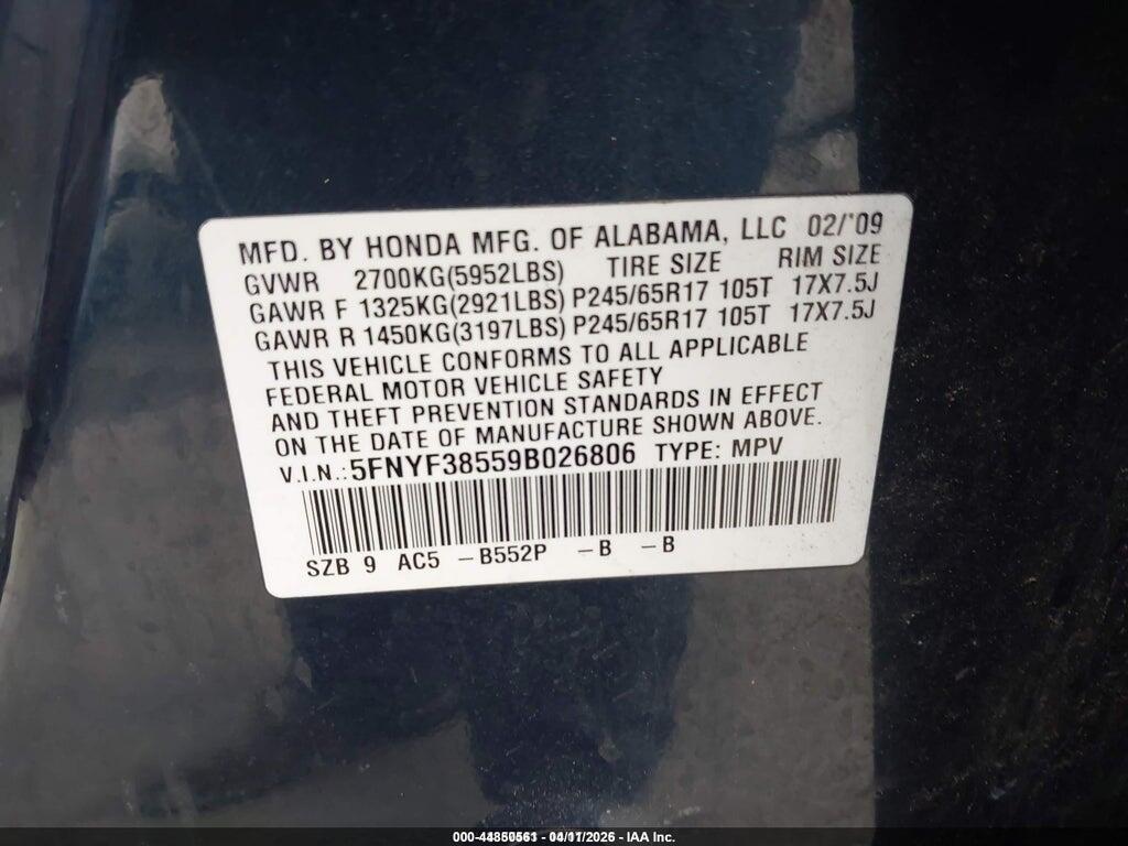 5FNYF38559B026806 2009 HONDA PILOT photo no. 9