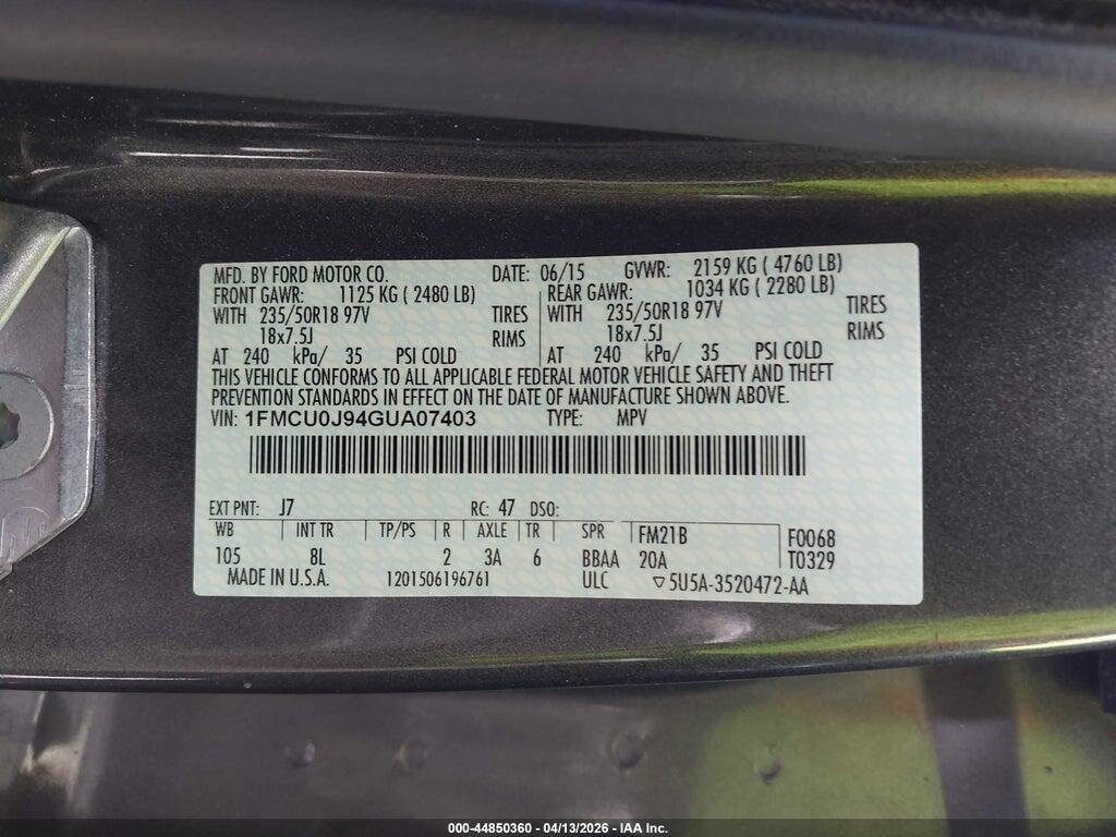 1FMCU0J94GUA07403 2016 FORD ESCAPE photo no. 9