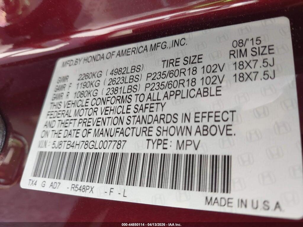 5J8TB4H78GL007787 2016 ACURA RDX photo no. 9