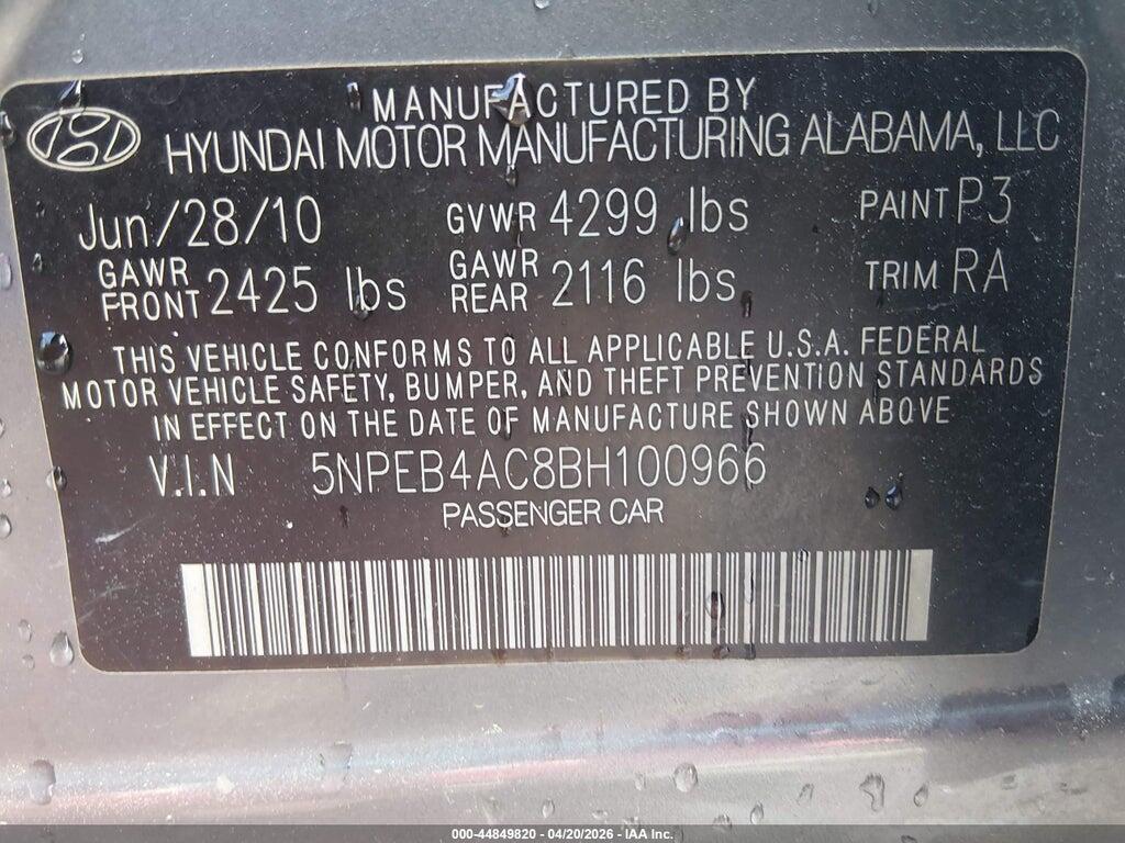 5NPEB4AC8BH100966 2011 HYUNDAI SONATA photo no. 9
