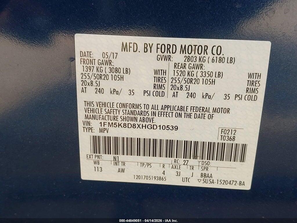 1FM5K8D8XHGD10539 2017 FORD EXPLORER photo no. 9