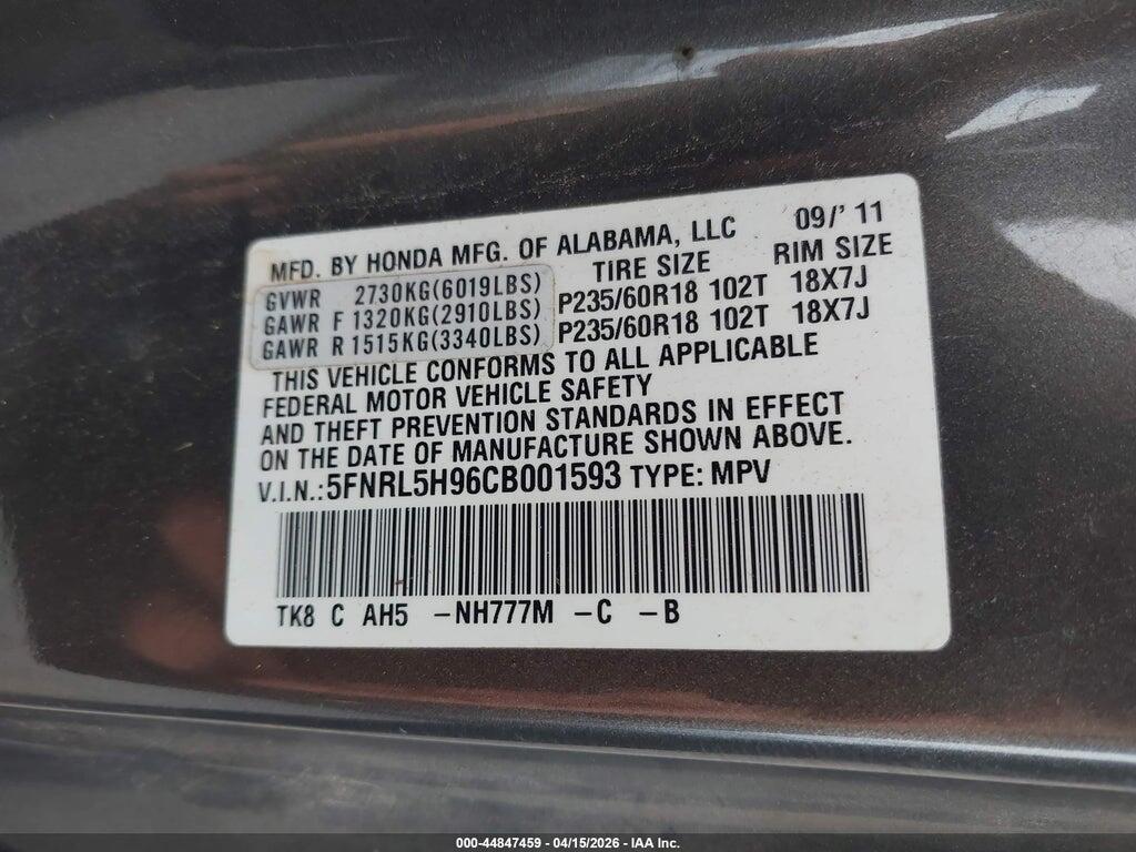 5FNRL5H96CB001593 2012 HONDA ODYSSEY photo no. 9