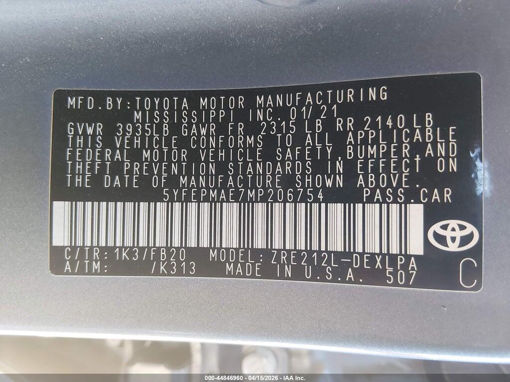 5YFEPMAE7MP206754 2021 TOYOTA COROLLA photo no. 9