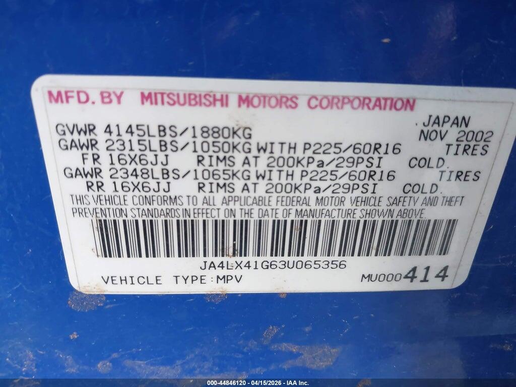 JA4LX41G63U065356 2003 MITSUBISHI OUTLANDER photo no. 9
