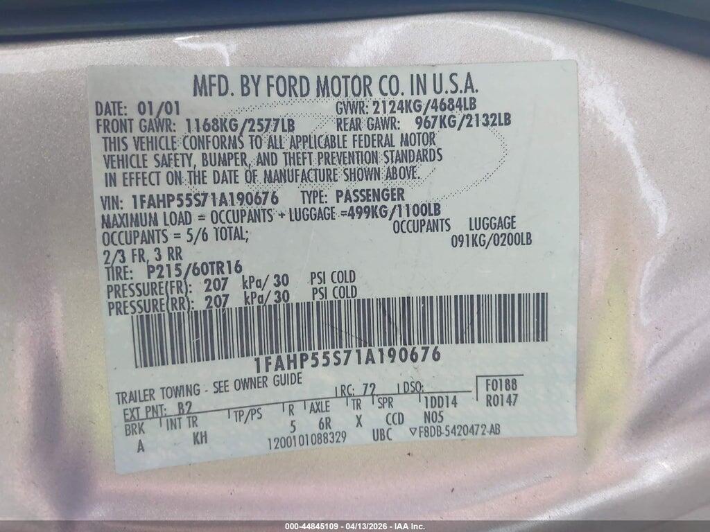 1FAHP55S71A190676 2001 FORD TAURUS photo no. 9