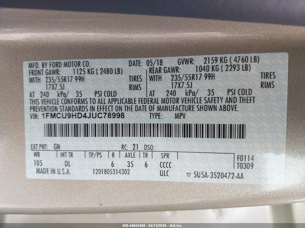 1FMCU9HD4JUC78998 2018 FORD ESCAPE photo no. 9