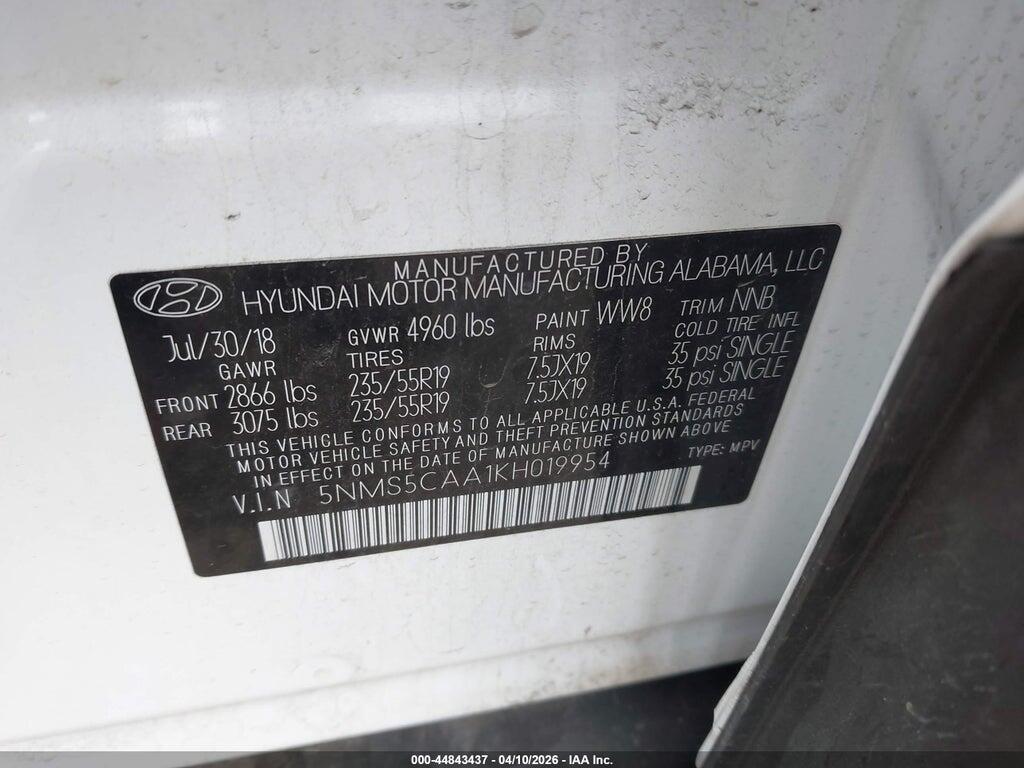 5NMS5CAA1KH019954 2019 HYUNDAI SANTA FE photo no. 9