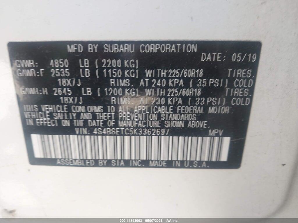 4S4BSETC5K3362697 2019 SUBARU OUTBACK photo no. 9