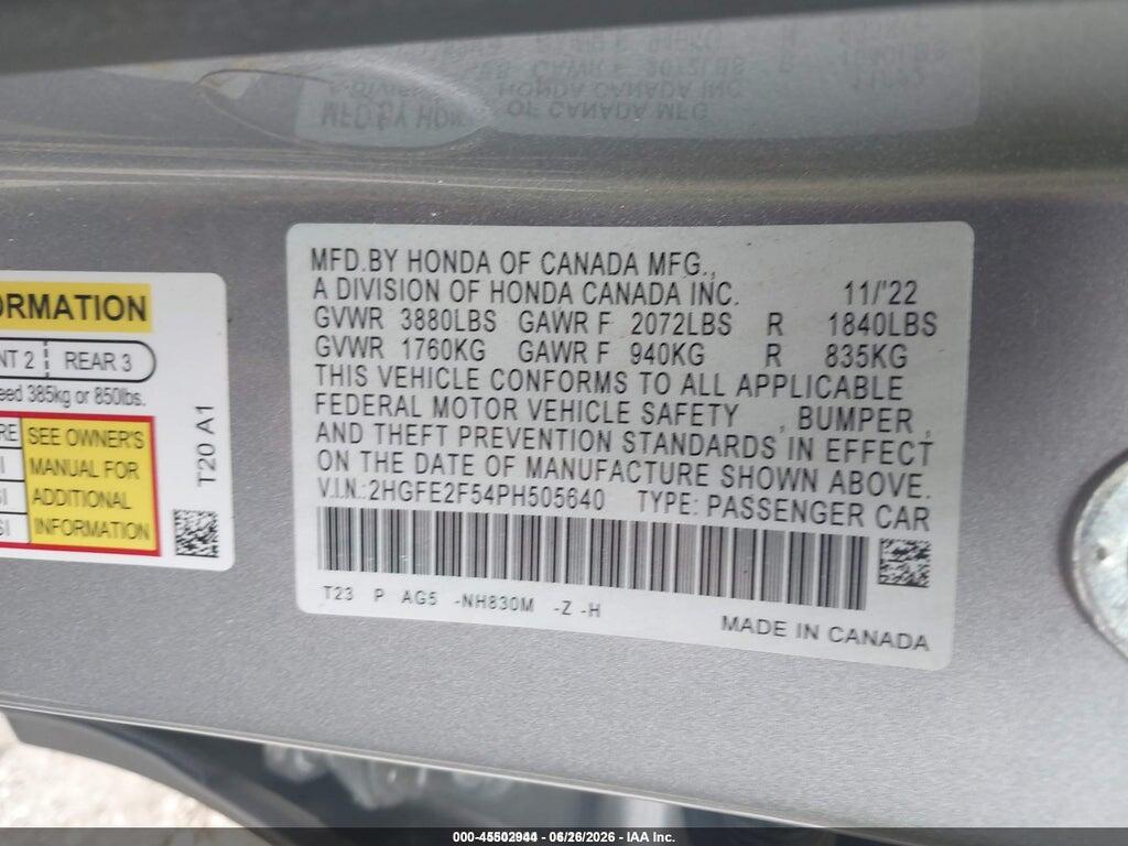 2HGFE2F54PH505640 2023 HONDA CIVIC photo no. 9