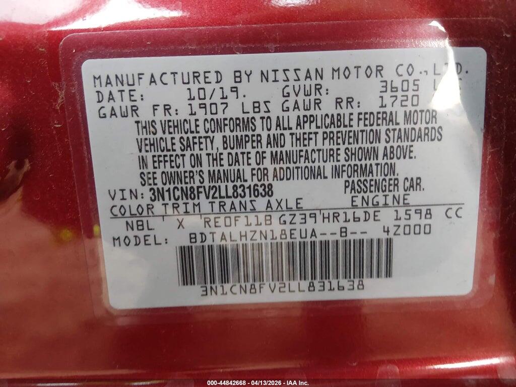 3N1CN8FV2LL831638 2020 NISSAN VERSA photo no. 9