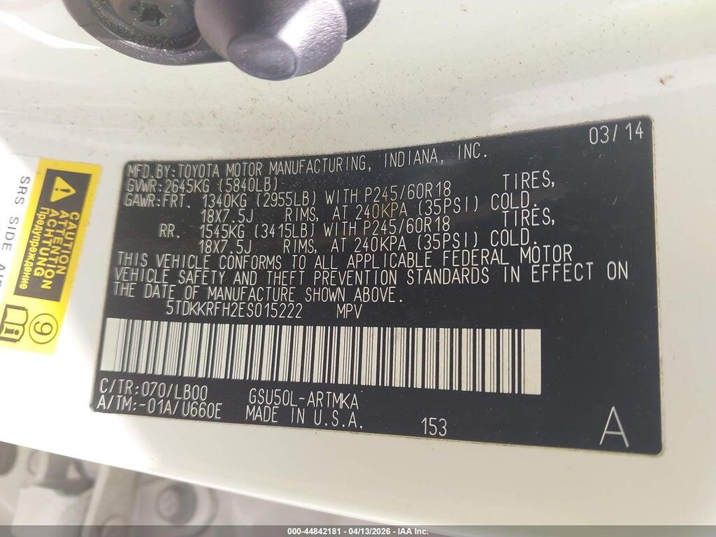 5TDKKRFH2ES015222 2014 TOYOTA HIGHLANDER photo no. 9