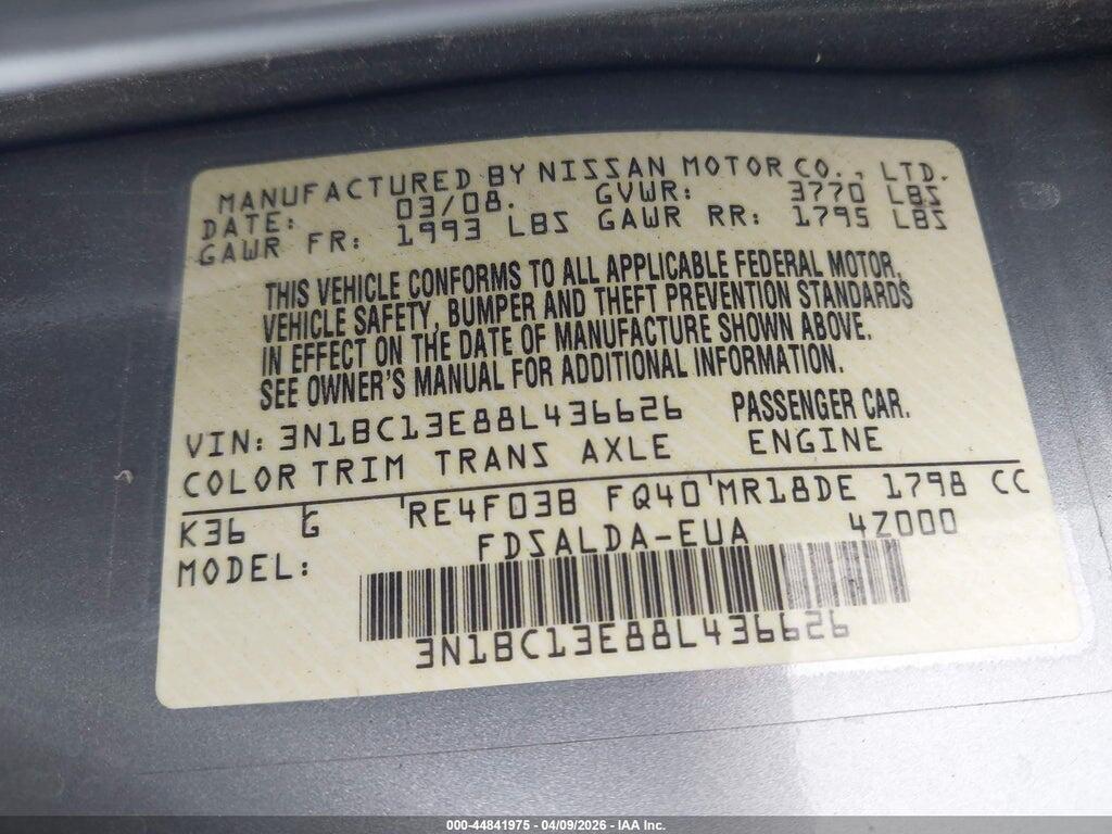 3N1BC13E88L436626 2008 NISSAN VERSA photo no. 9