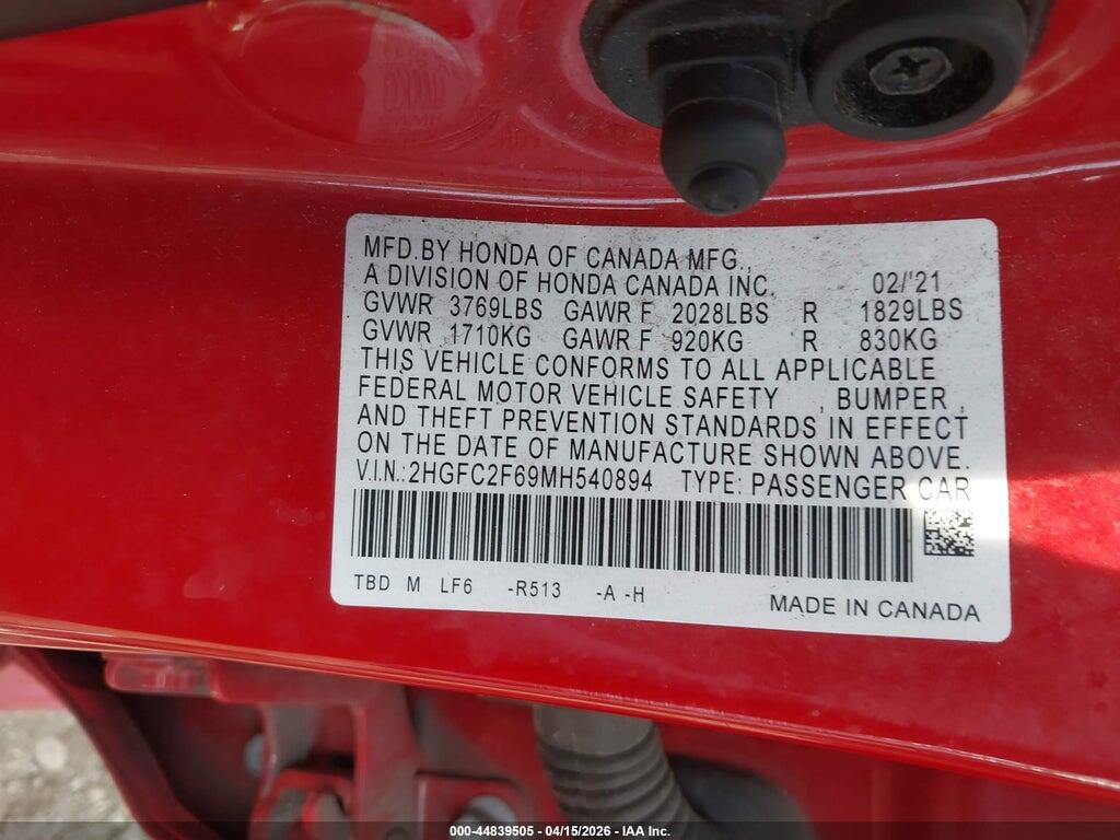 2HGFC2F69MH540894 2021 HONDA CIVIC photo no. 9