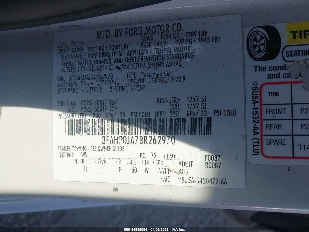 3FAHP0JA7BR262970 2011 FORD FUSION photo no. 9
