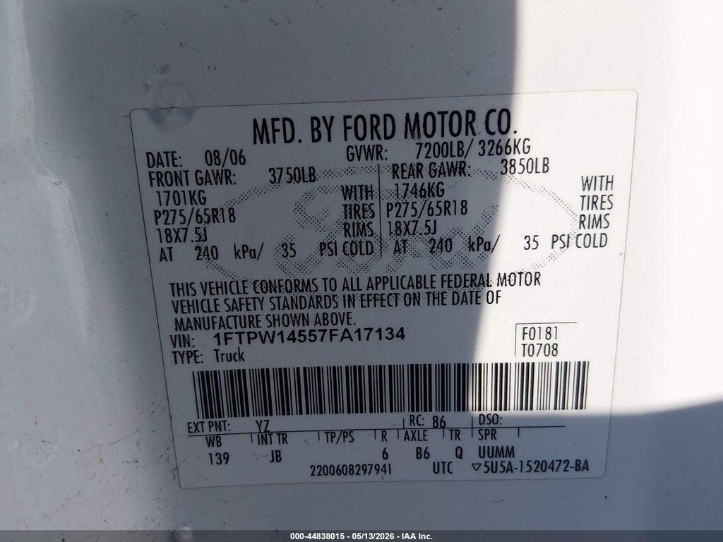 1FTPW14557FA17134 2007 FORD F-150 photo no. 9