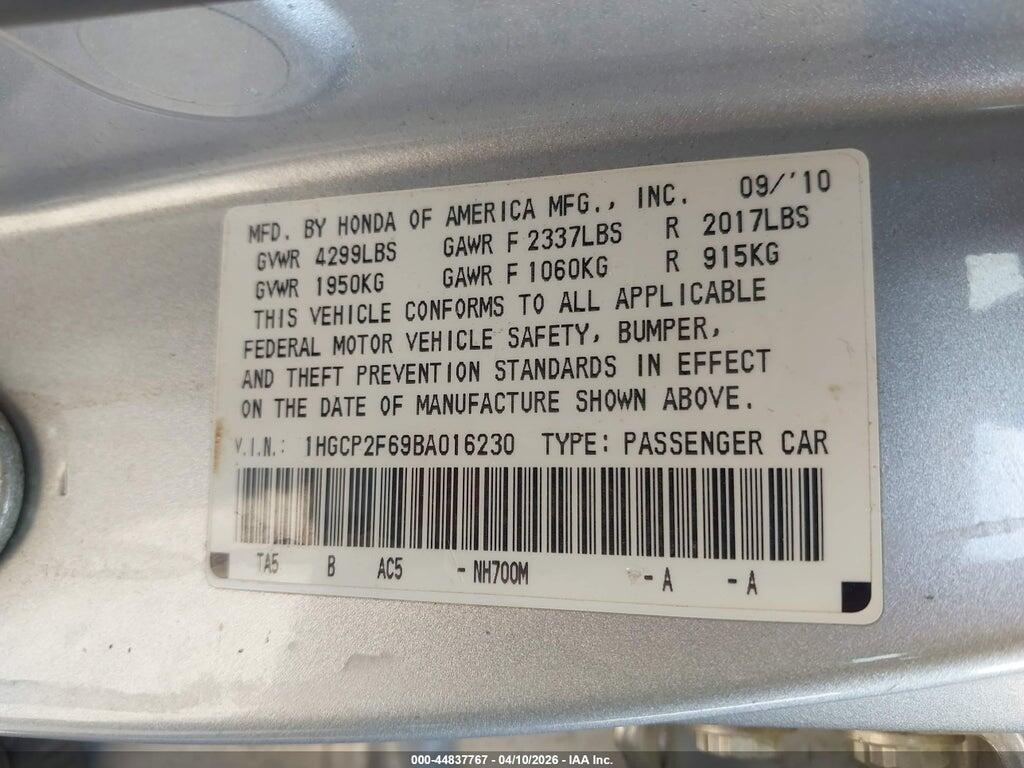 1HGCP2F69BA016230 2011 HONDA ACCORD photo no. 9