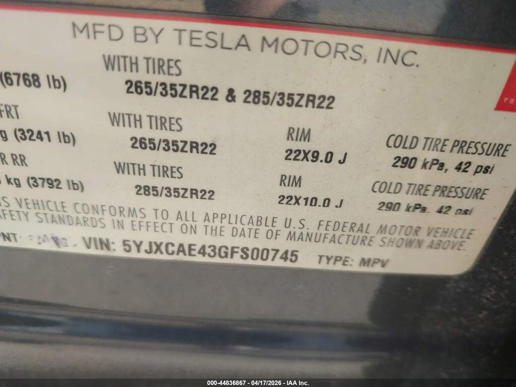 5YJXCAE43GFS00745 2016 TESLA MODEL X photo no. 9