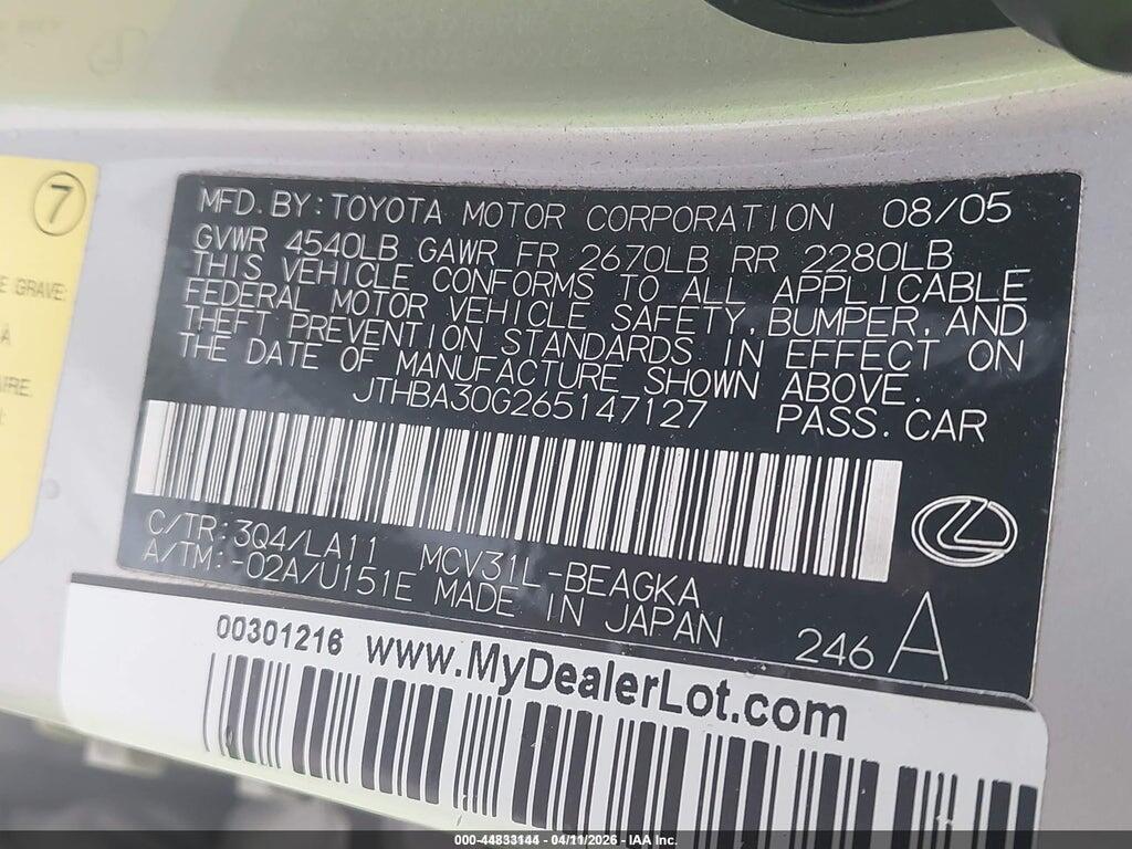 JTHBA30G265147127 2006 LEXUS ES 330 photo no. 9