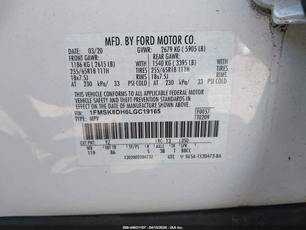1FMSK8DH6LGC19165 2020 FORD EXPLORER photo no. 9