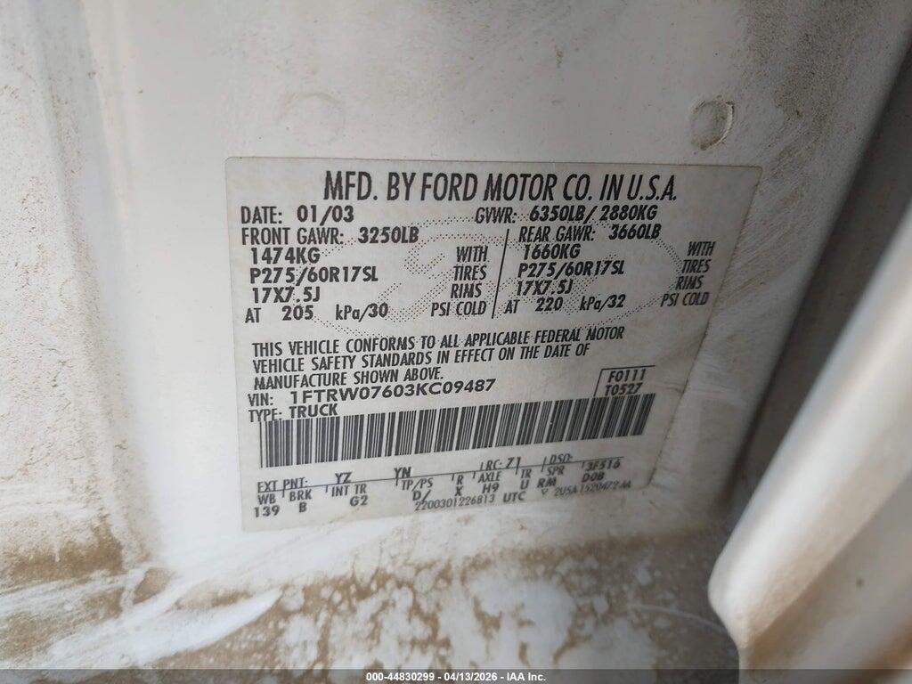 1FTRW07603KC09487 2003 FORD F-150 photo no. 9