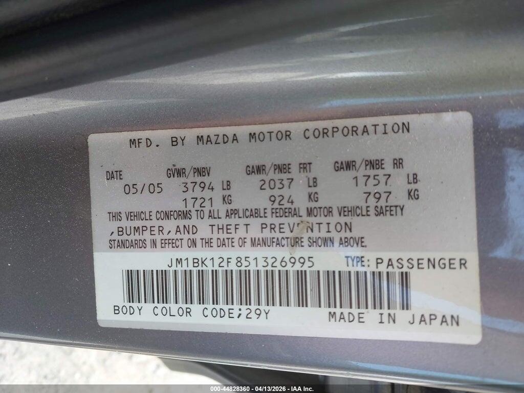 JM1BK12F851326995 2005 MAZDA MAZDA3 photo no. 9