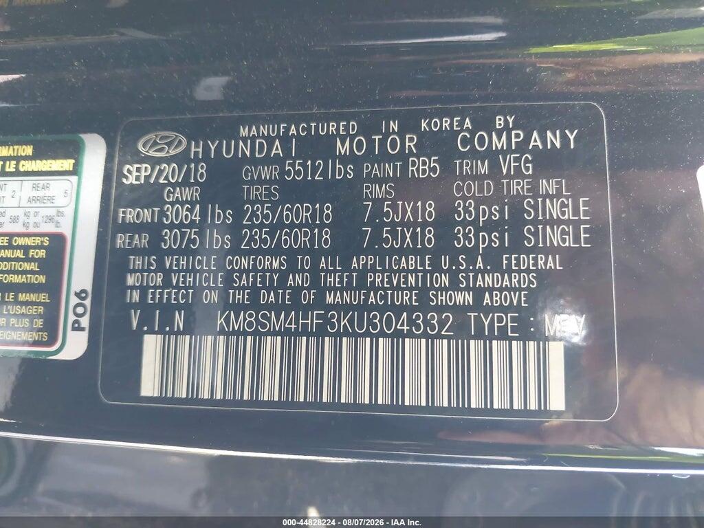 KM8SM4HF3KU304332 2019 HYUNDAI SANTA FE XL photo no. 9