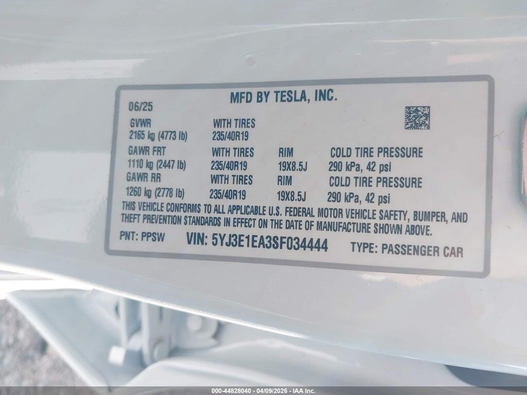 5YJ3E1EA3SF034444 2025 TESLA MODEL 3 photo no. 9