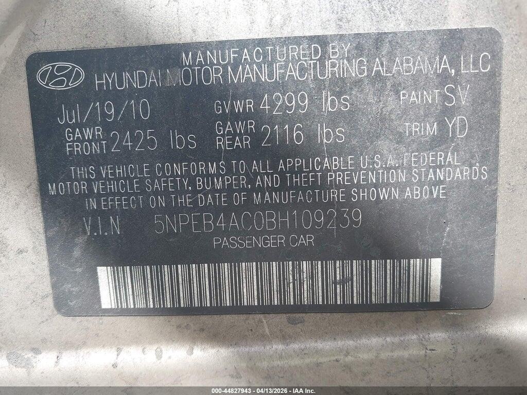 5NPEB4AC0BH109239 2011 HYUNDAI SONATA photo no. 9