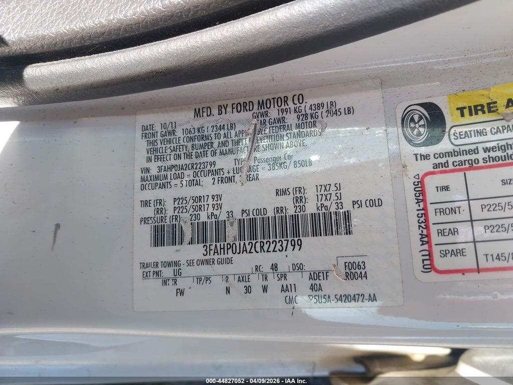 3FAHP0JA2CR223799 2012 FORD FUSION photo no. 9