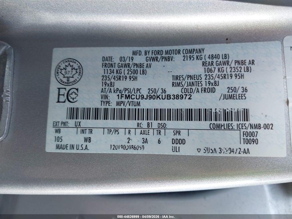 1FMCU9J90KUB38972 2019 FORD ESCAPE photo no. 9