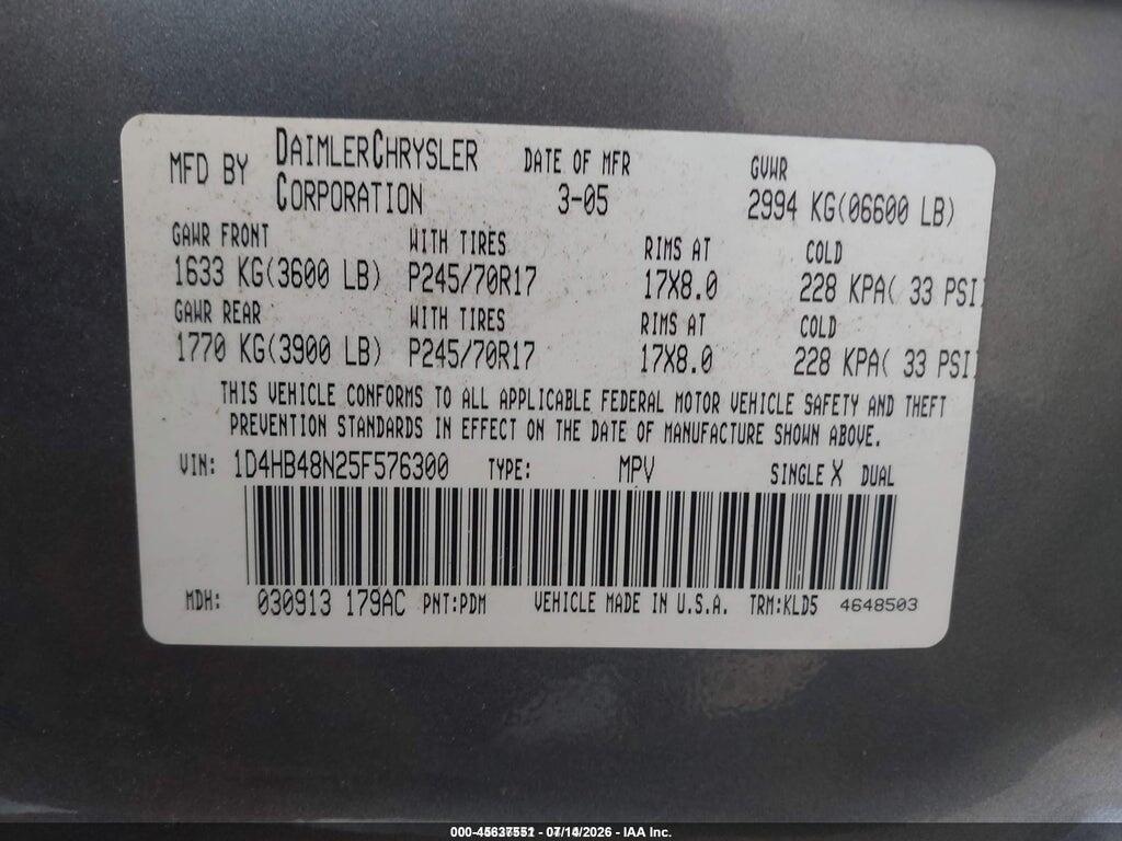 1D4HB48N25F576300 2005 DODGE DURANGO photo no. 9
