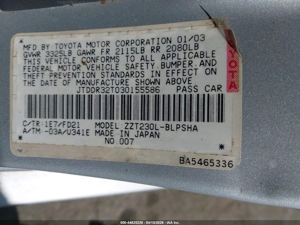 JTDDR32T030155586 2003 TOYOTA CELICA photo no. 9