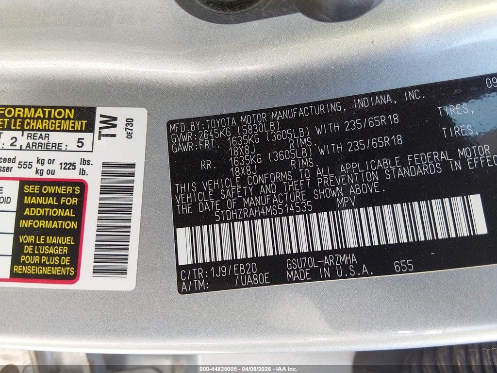 5TDHZRAH4MS514535 2021 TOYOTA HIGHLANDER photo no. 9