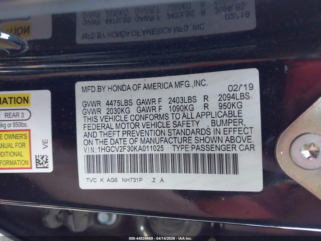 1HGCV2F30KA011025 2019 HONDA ACCORD photo no. 9