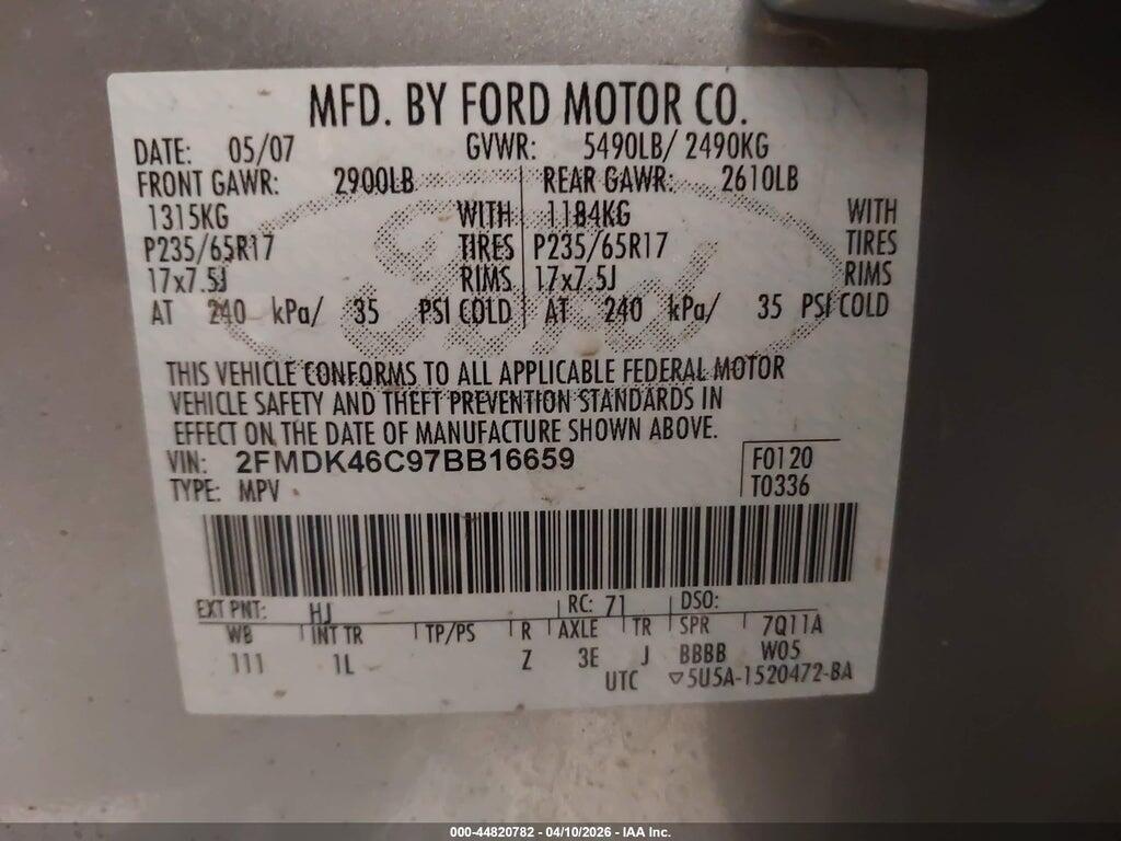 2FMDK46C97BB16659 2007 FORD EDGE photo no. 9