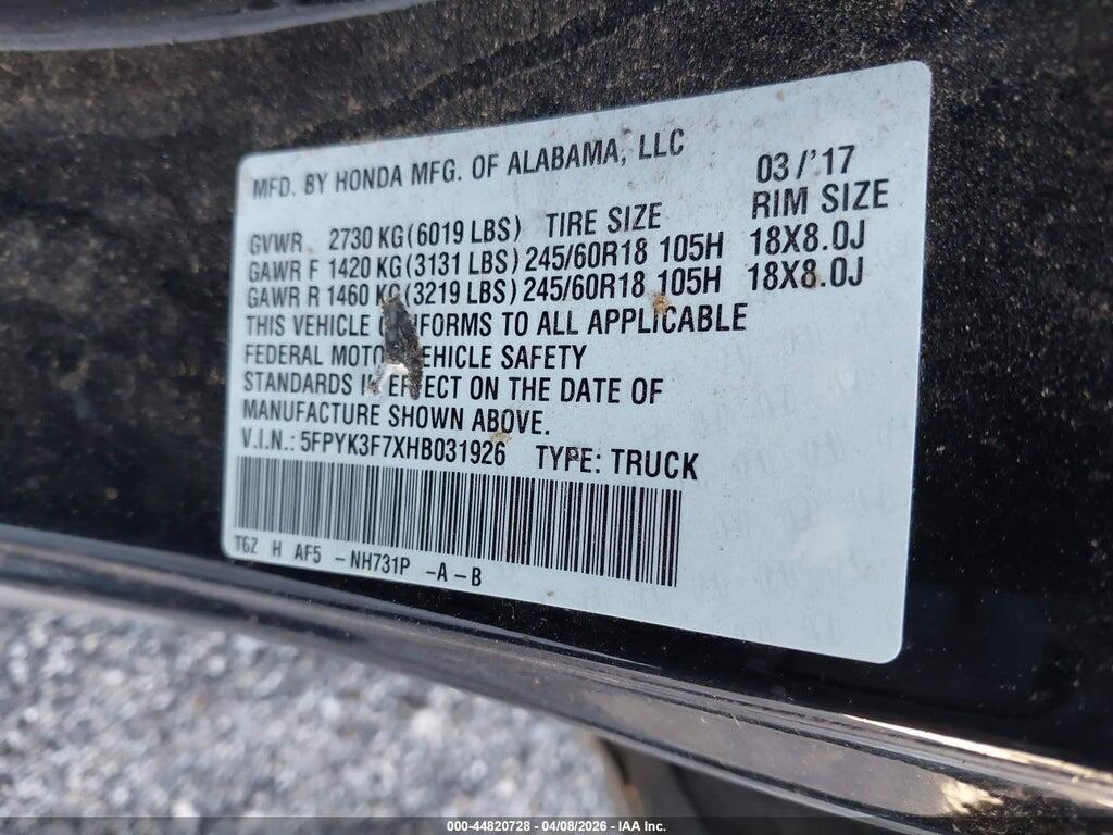 5FPYK3F7XHB031926 2017 HONDA RIDGELINE photo no. 9