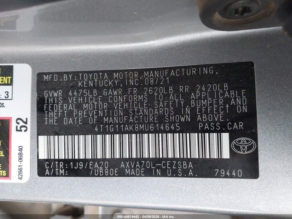 4T1G11AK8MU614645 2021 TOYOTA CAMRY photo no. 9