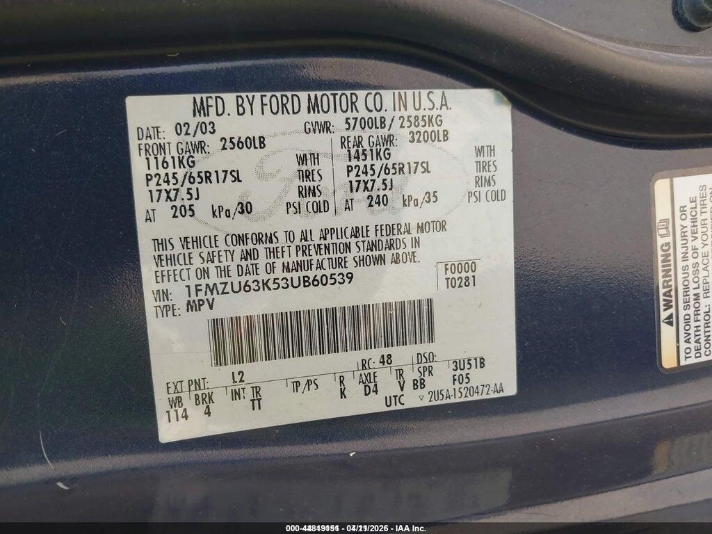 1FMZU63K53UB60539 2003 FORD EXPLORER photo no. 9