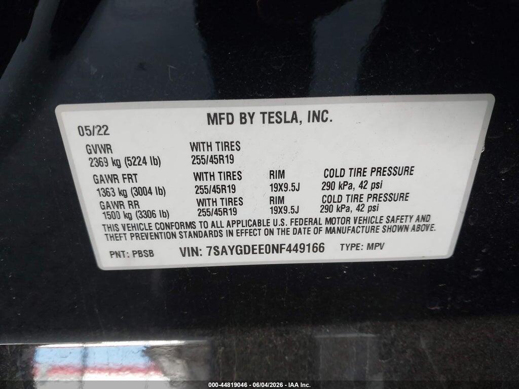 7SAYGDEE0NF449166 2022 TESLA MODEL Y photo no. 9