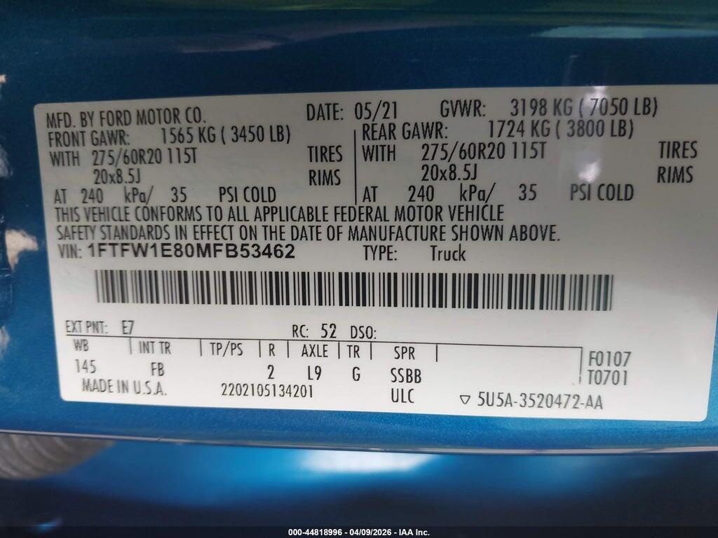 1FTFW1E80MFB53462 2021 FORD F-150 photo no. 9