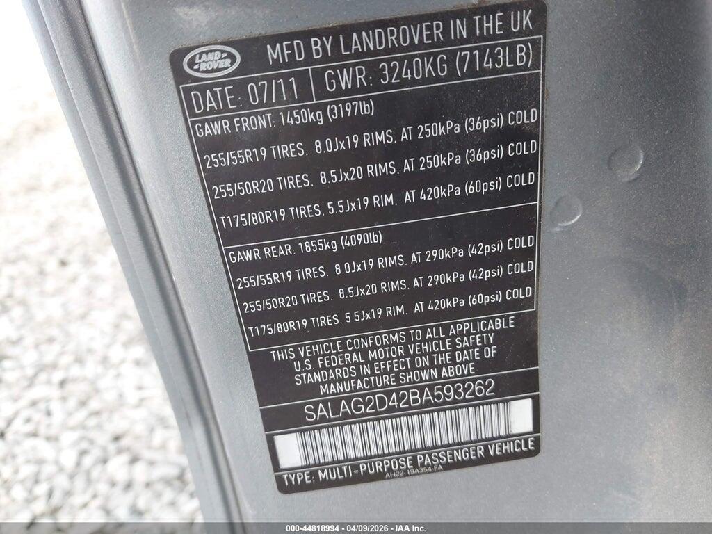 SALAG2D42BA593262 2011 LAND ROVER LR4 photo no. 9