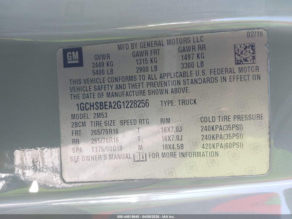 1GCHSBEA2G1228256 2016 CHEVROLET COLORADO photo no. 9