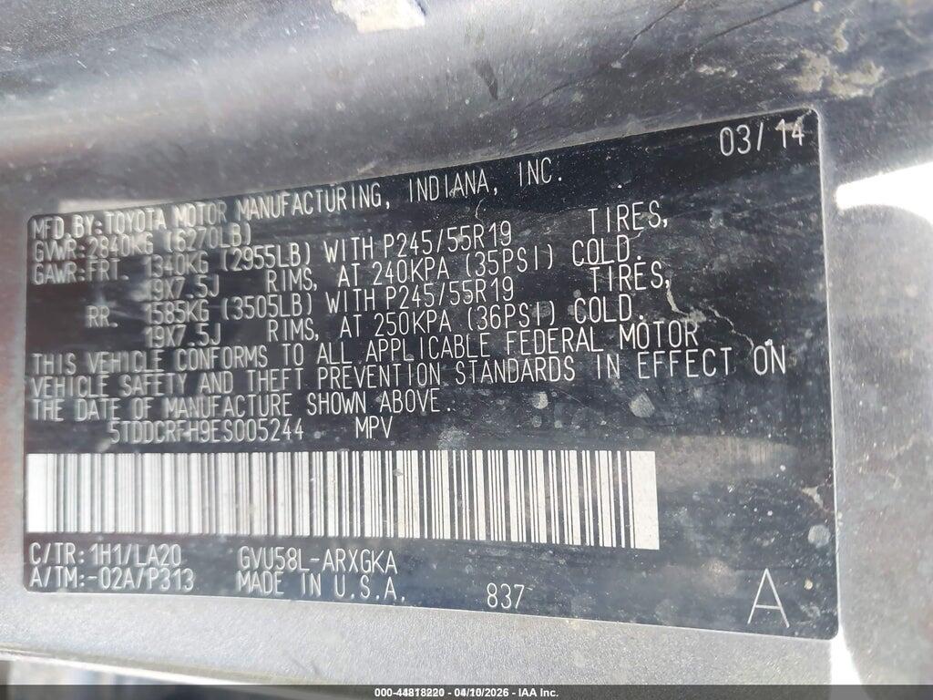 5TDDCRFH9ES005244 2014 TOYOTA HIGHLANDER HYBRID photo no. 9